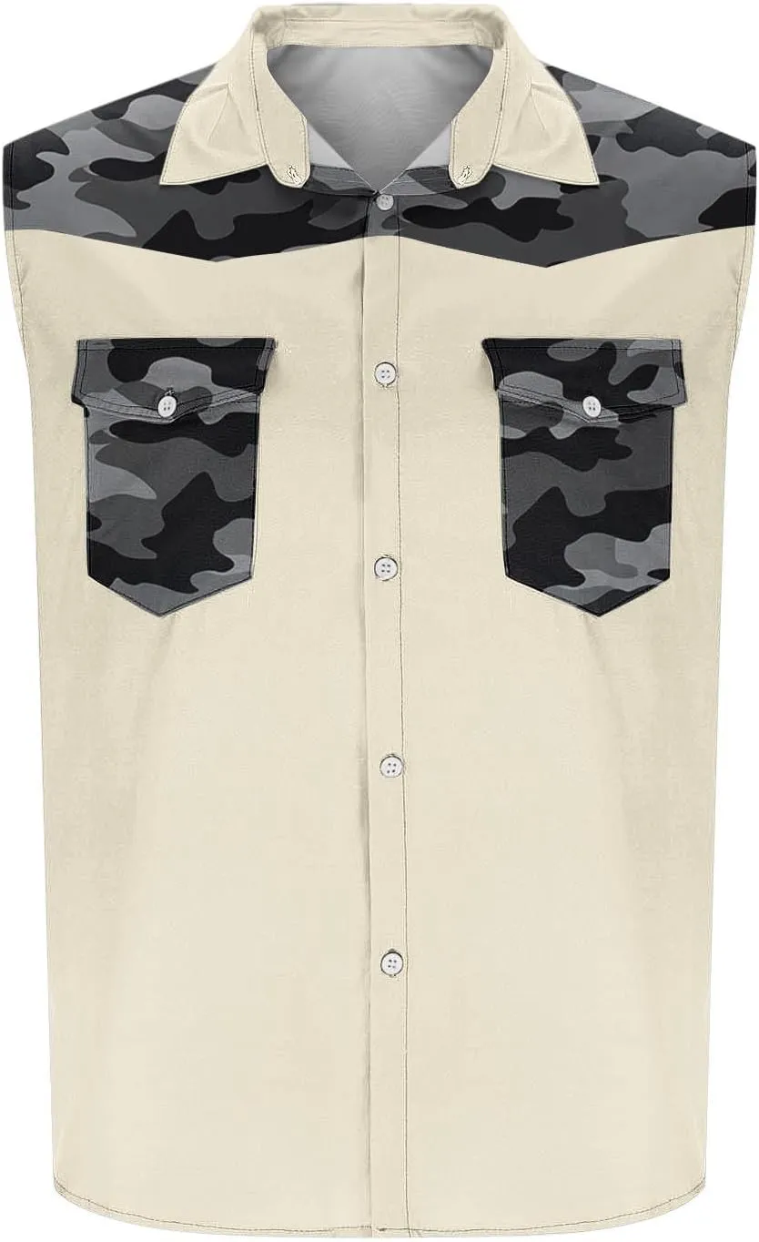 Men's Camouflage Patchwork Workout Casual Tank Top Casual Sleeveless Button Down Graphic Muscle Beach Shirts