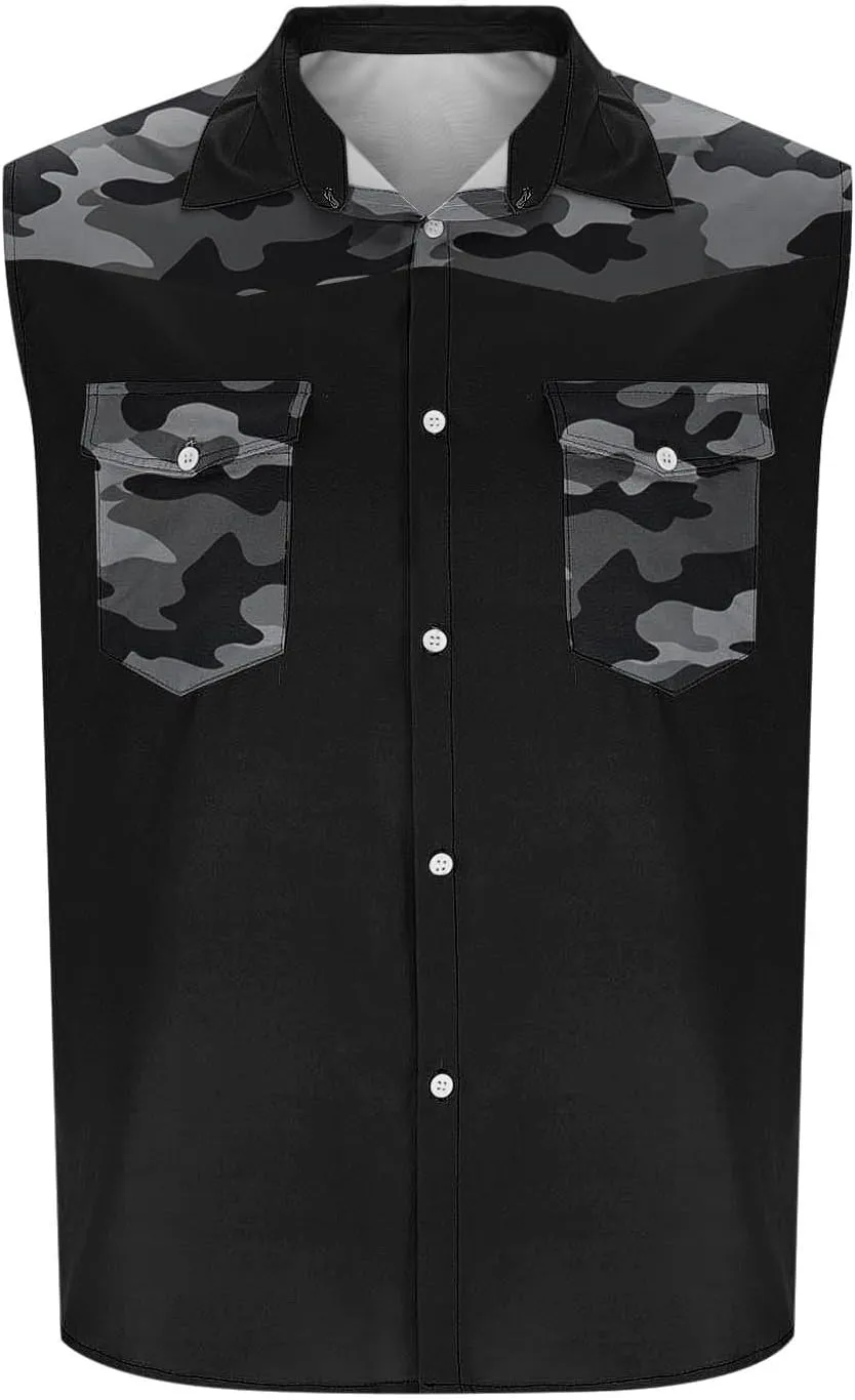 Men's Camouflage Patchwork Workout Casual Tank Top Casual Sleeveless Button Down Graphic Muscle Beach Shirts