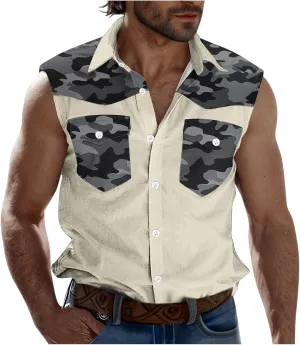 Men's Camouflage Patchwork Workout Casual Tank Top Casual Sleeveless Button Down Graphic Muscle Beach Shirts
