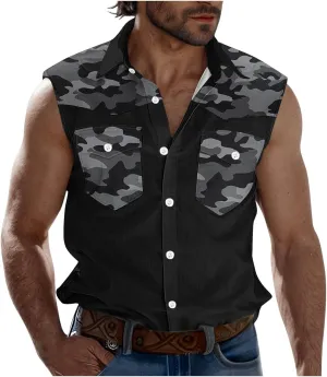 Men's Camouflage Patchwork Workout Casual Tank Top Casual Sleeveless Button Down Graphic Muscle Beach Shirts
