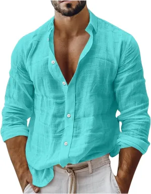 Mens Casual Linen Shirts 2025 Trendy Long Sleeve Button Down Lapel Summer Fashion Beach Outfit Baggy Vacation Tee Top