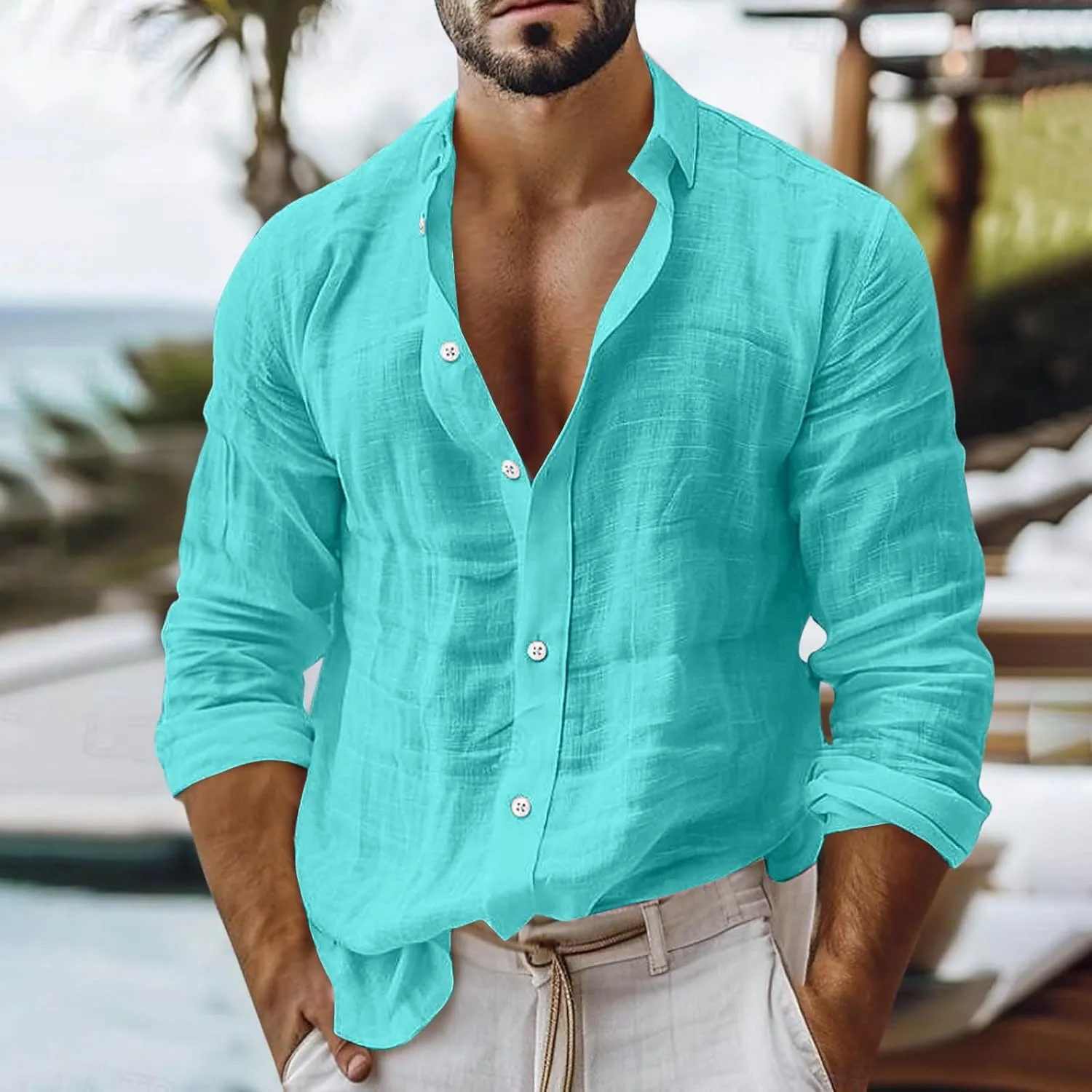 Mens Casual Linen Shirts 2025 Trendy Long Sleeve Button Down Lapel Summer Fashion Beach Outfit Baggy Vacation Tee Top