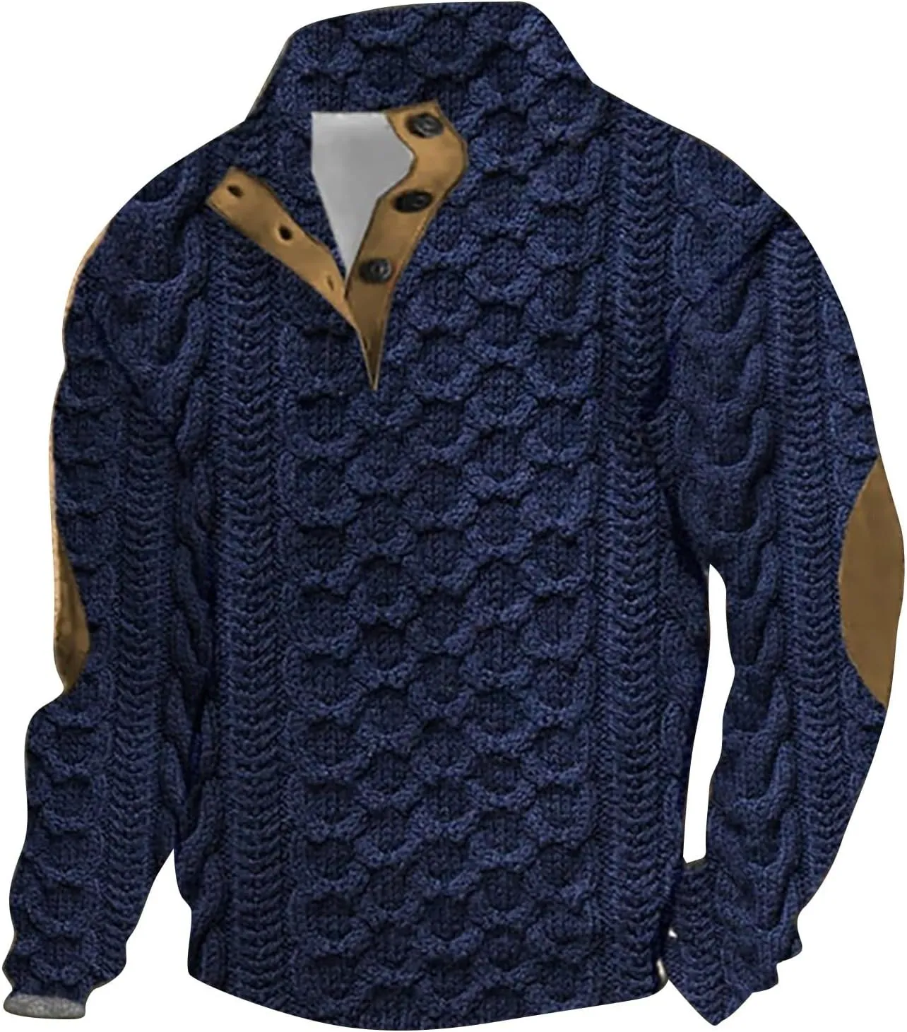 Mens Casual Twist Pattern Pullover Sweatshirts Long Sleeve Cable Knit Sweater Stand Collar Button Up Thermal Pullover
