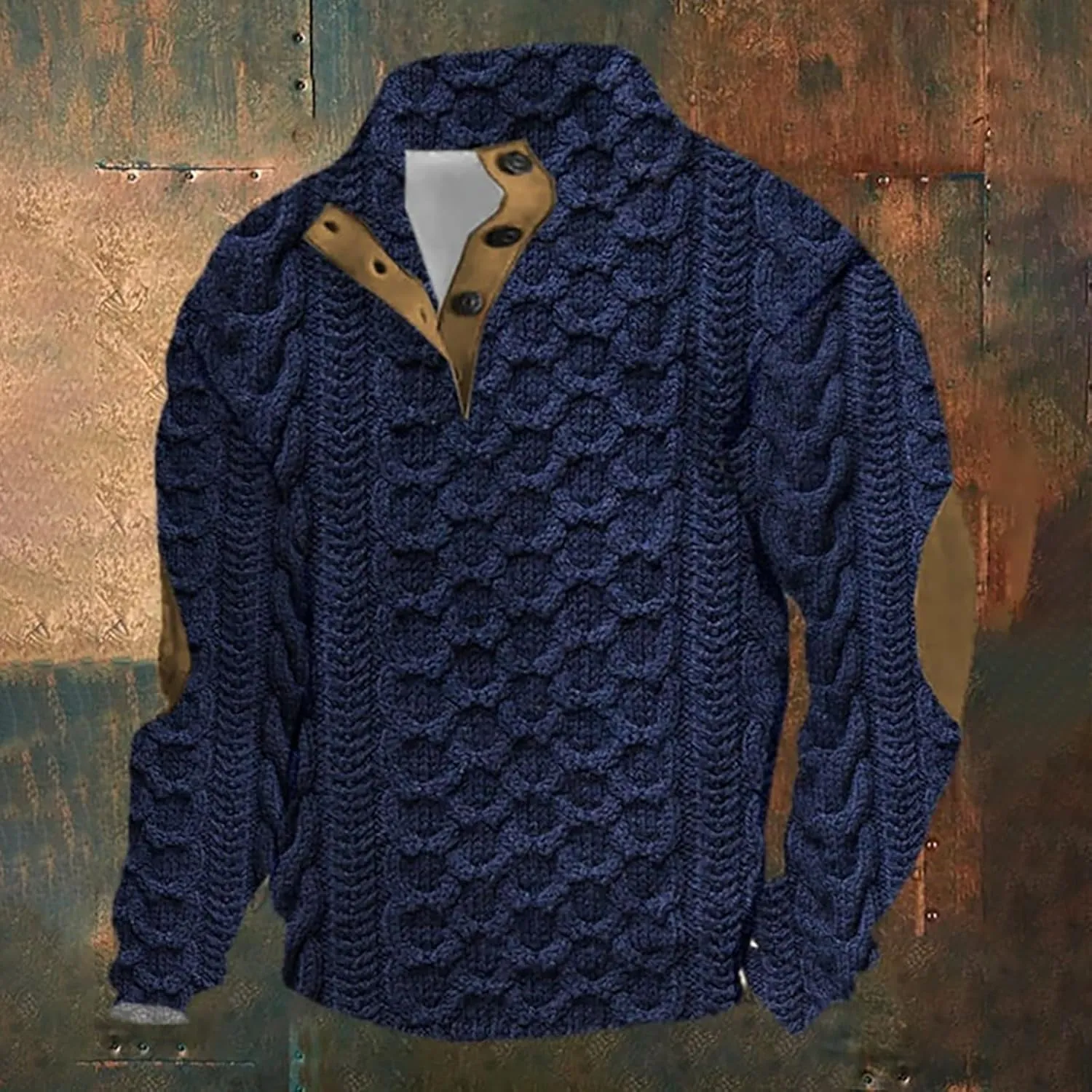 Mens Casual Twist Pattern Pullover Sweatshirts Long Sleeve Cable Knit Sweater Stand Collar Button Up Thermal Pullover