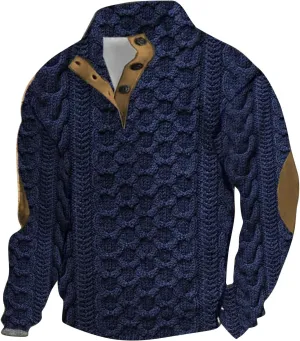 Mens Casual Twist Pattern Pullover Sweatshirts Long Sleeve Cable Knit Sweater Stand Collar Button Up Thermal Pullover