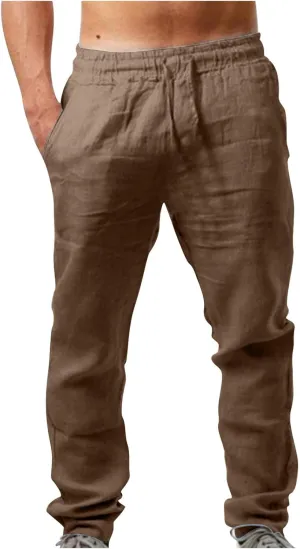 Mens Cotton Linen Drawstring Pants Fashion Elastic Waist Pant Summer Business Casual Trousers Vacation Outing Clothes