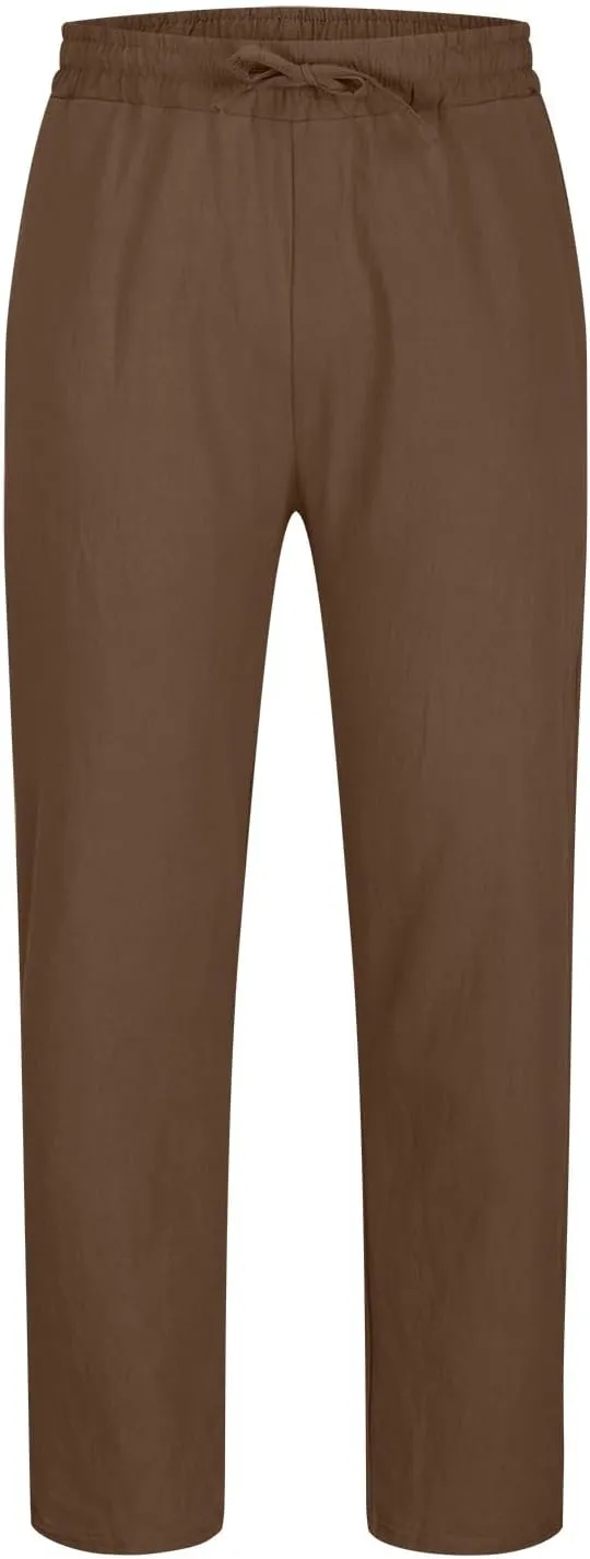 Mens Cotton Linen Drawstring Pants Fashion Elastic Waist Pant Summer Business Casual Trousers Vacation Outing Clothes