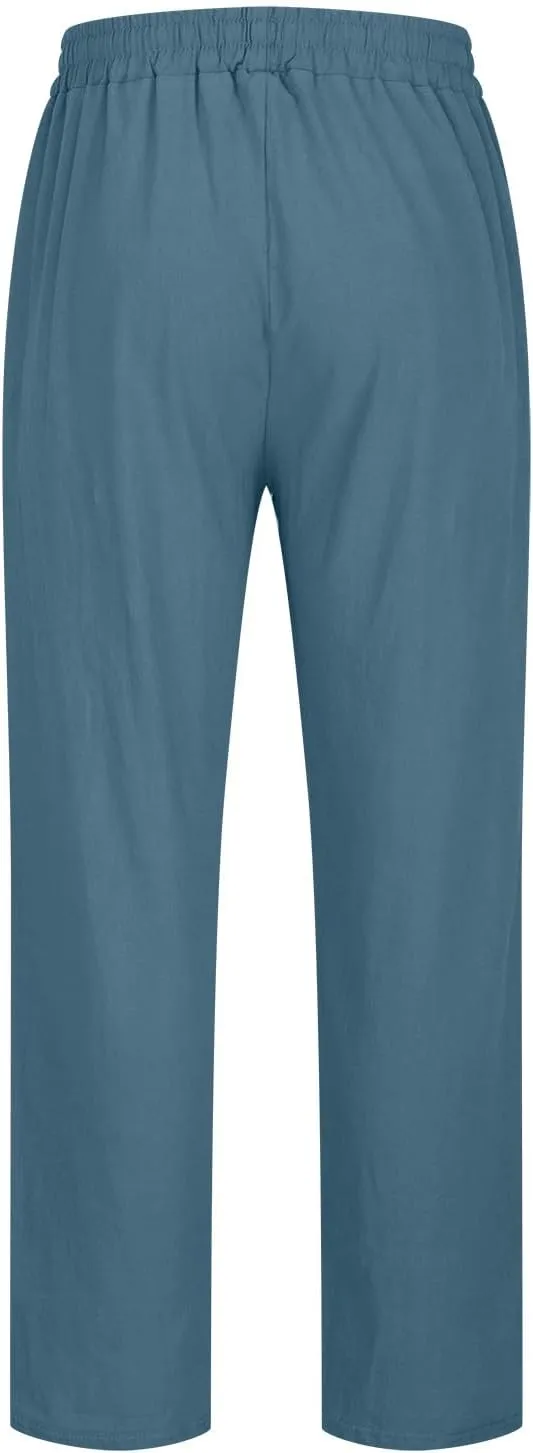 Mens Cotton Linen Drawstring Pants Fashion Elastic Waist Pant Summer Business Casual Trousers Vacation Outing Clothes