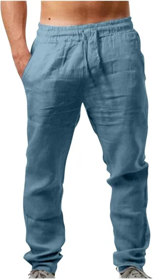 Mens Cotton Linen Drawstring Pants Fashion Elastic Waist Pant Summer Business Casual Trousers Vacation Outing Clothes