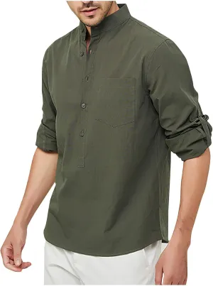 Mens Cotton Linen Henley Shirts Casual Long Sleeve Hawaii Hippie Beach Shirt Loose Fit Collarless Button Down Shirt