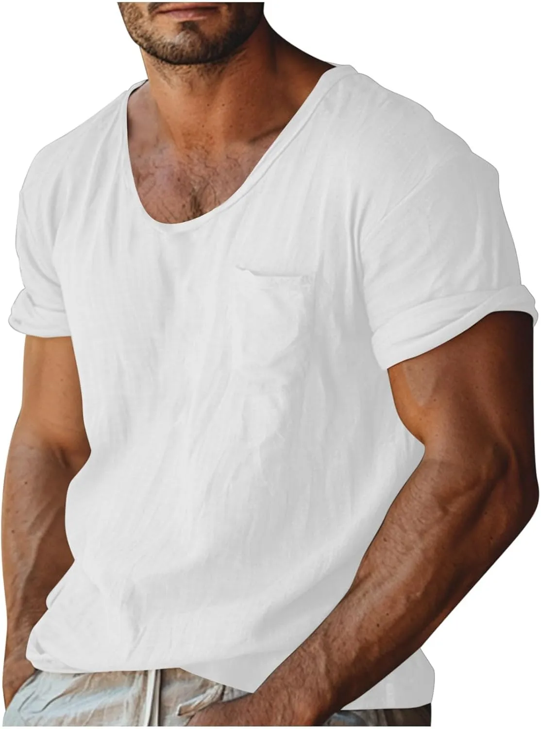 Men's Cotton Linen T Shirt Short Sleeve Crew Neck Tops Casual Summer Lightweight Loose Classic Basic Tee Shirts