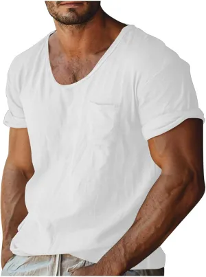 Men's Cotton Linen T Shirt Short Sleeve Crew Neck Tops Casual Summer Lightweight Loose Classic Basic Tee Shirts