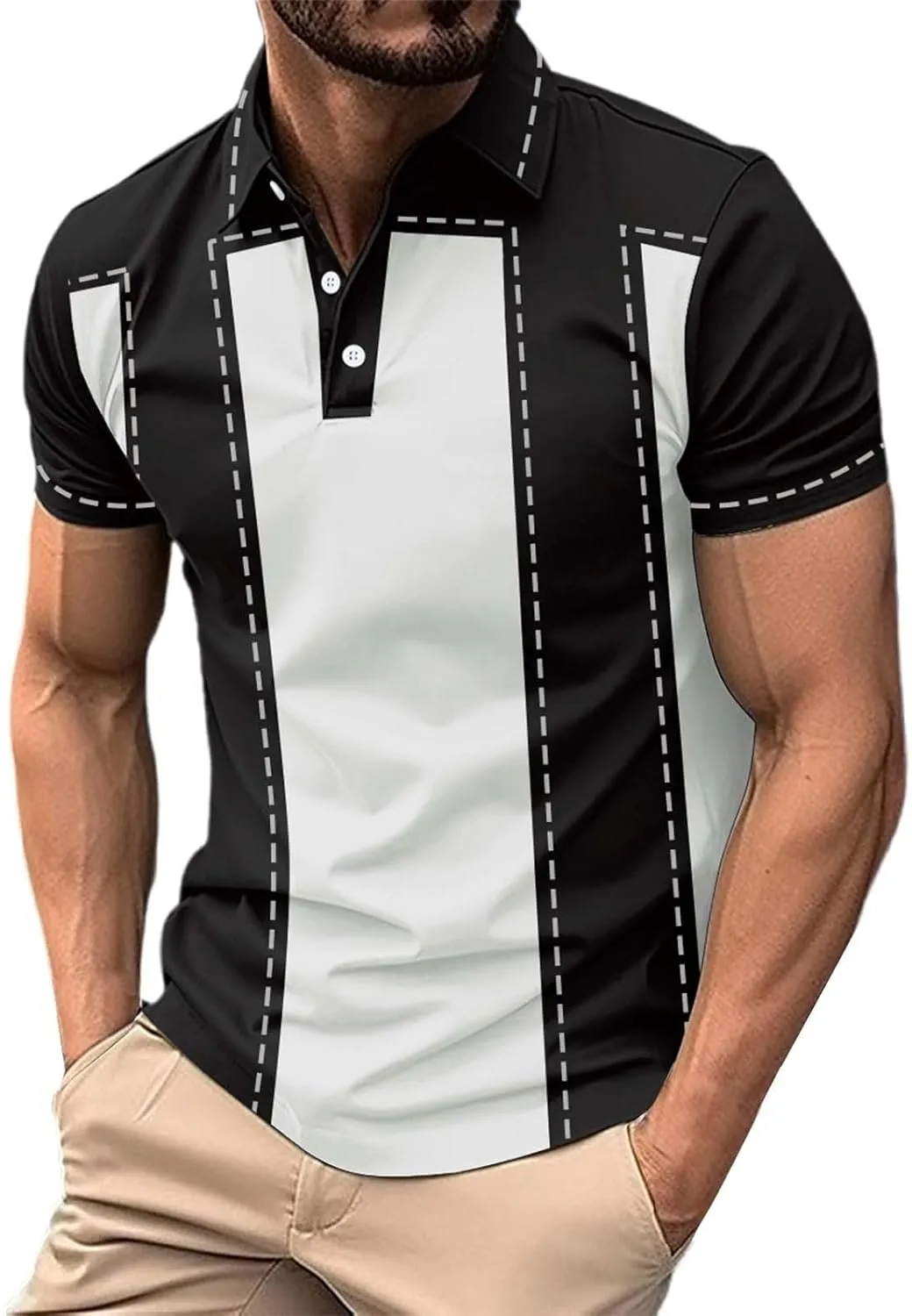 Men's Funny Printed Polo Shirts Moisture Wicking Performance Tops Workout Striped Shirt Color Block Fashion Golf Tee