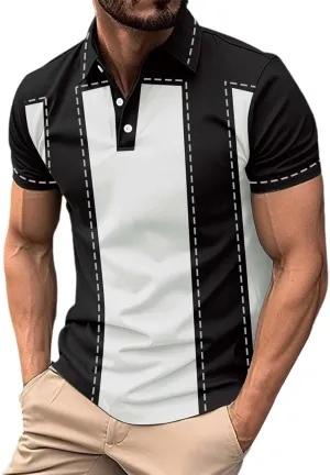 Men's Funny Printed Polo Shirts Moisture Wicking Performance Tops Workout Striped Shirt Color Block Fashion Golf Tee
