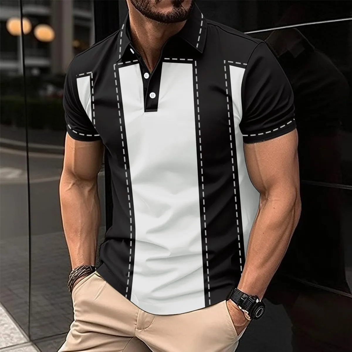 Men's Funny Printed Polo Shirts Moisture Wicking Performance Tops Workout Striped Shirt Color Block Fashion Golf Tee