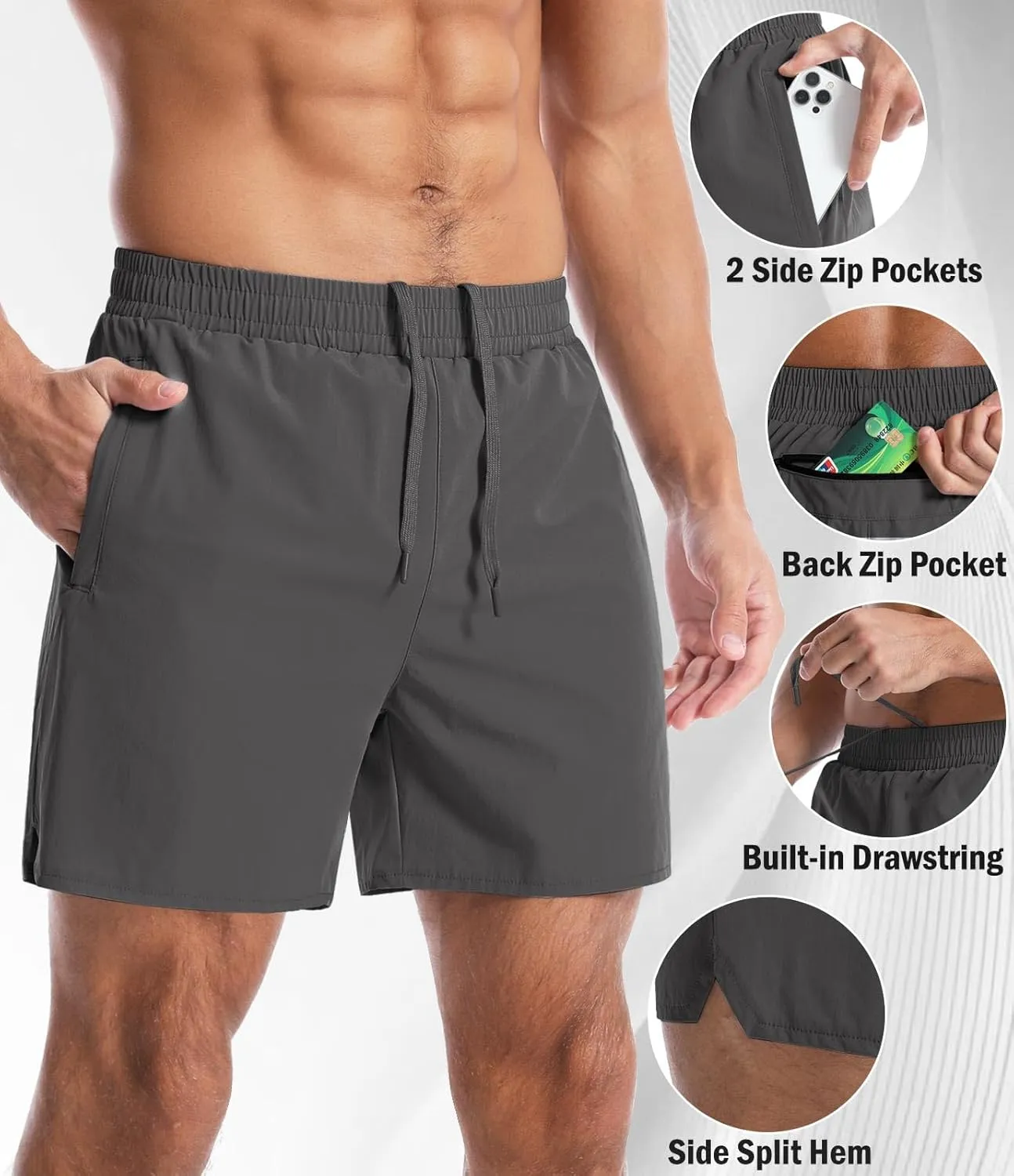Men's Gym Workout Shorts with Zipper Pockets - 5" Lightweight Running Athletic Shorts Bodybuilding Training