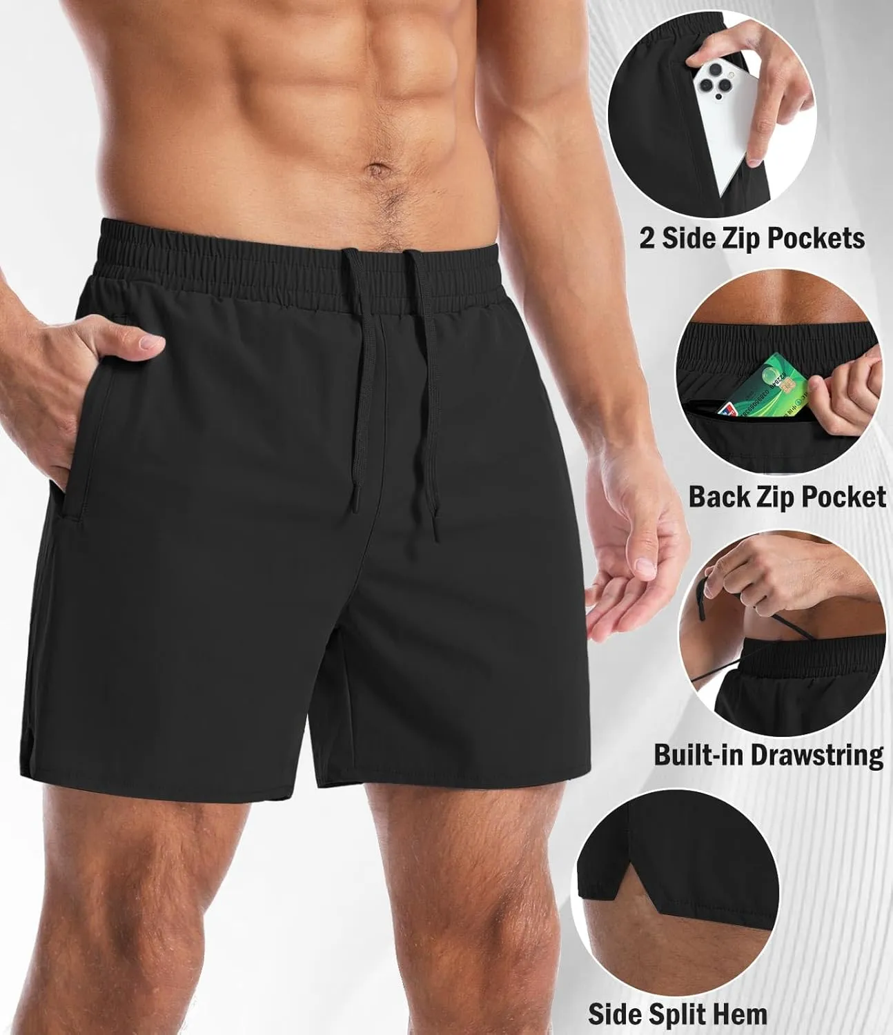 Men's Gym Workout Shorts with Zipper Pockets - 5" Lightweight Running Athletic Shorts Bodybuilding Training