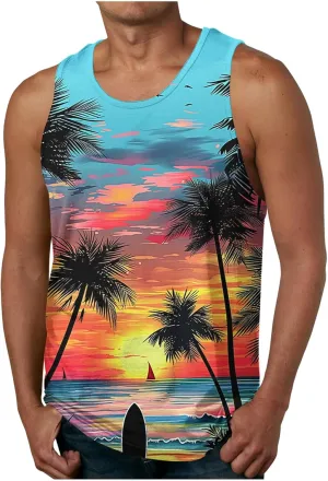 Men's Hawaiian Palm Tree Tank Top Summer Sleeveless Crwneck Loose Beach Tees Casual Lightweight Sport Quick Dry Tops