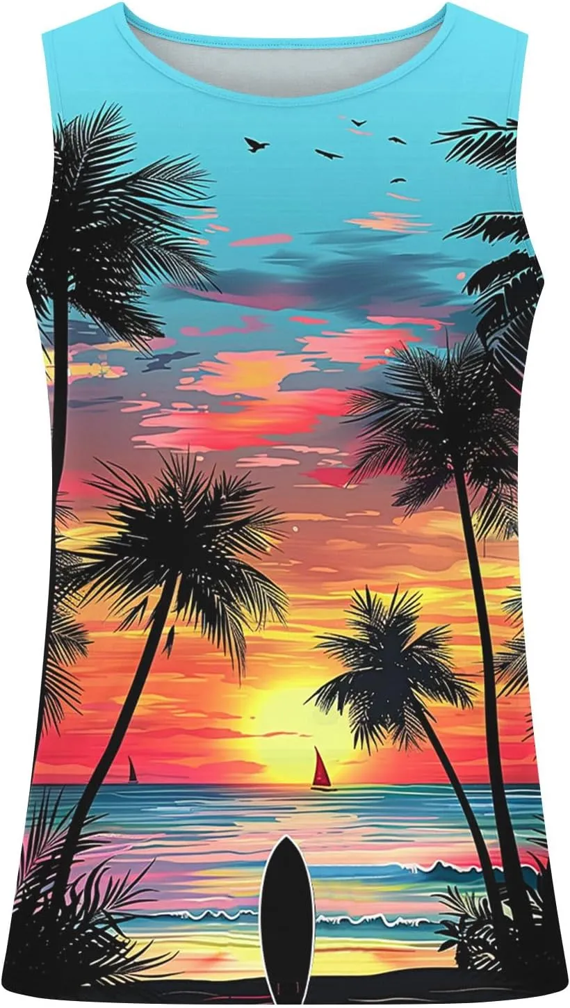 Men's Hawaiian Palm Tree Tank Top Summer Sleeveless Crwneck Loose Beach Tees Casual Lightweight Sport Quick Dry Tops