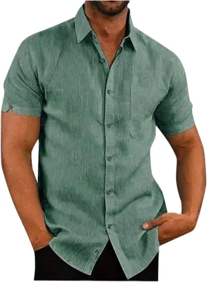 Mens Hawaiian Shirts Short Sleeve Cotton Lined Button Down Shirt Summer Solid T Shirts Beach Collared Tops with Pocket