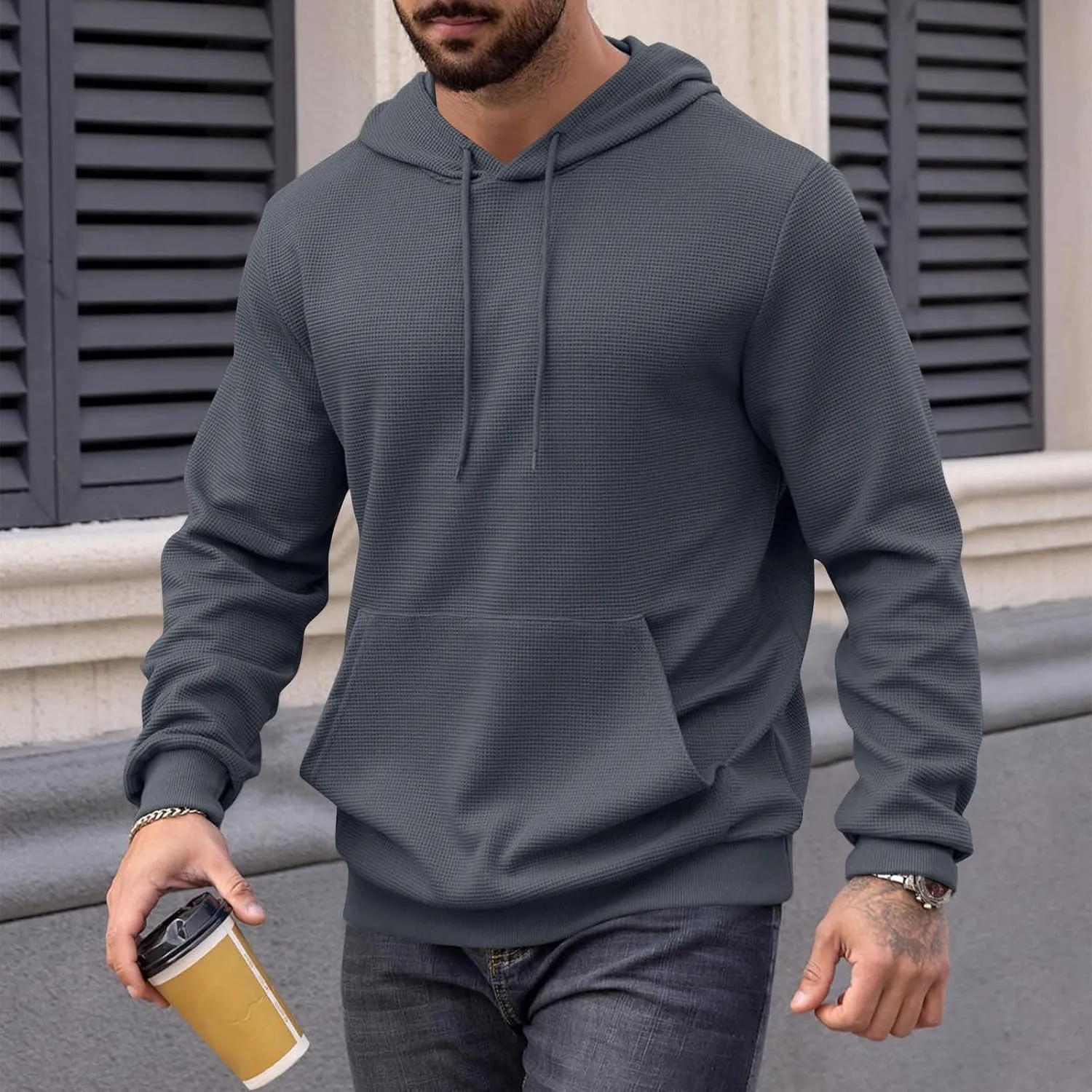 Mens Hooded Sweatshirt Long Sleeve Drawstring Solid Color Hoodies With Pocket Casual Relaxed Fit Pullover Shirts Tops