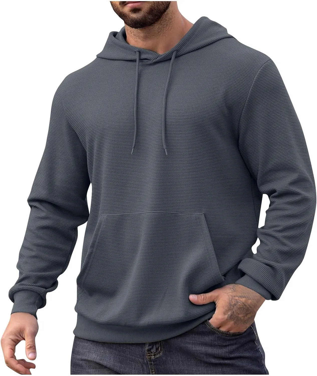 Mens Hooded Sweatshirt Long Sleeve Drawstring Solid Color Hoodies With Pocket Casual Relaxed Fit Pullover Shirts Tops