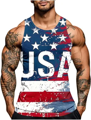 Mens Independence Day Tank Top Fashion Plus Size Sleeveless Crewneck Muscle T Shirts Summer Casual Beach Sport Tops
