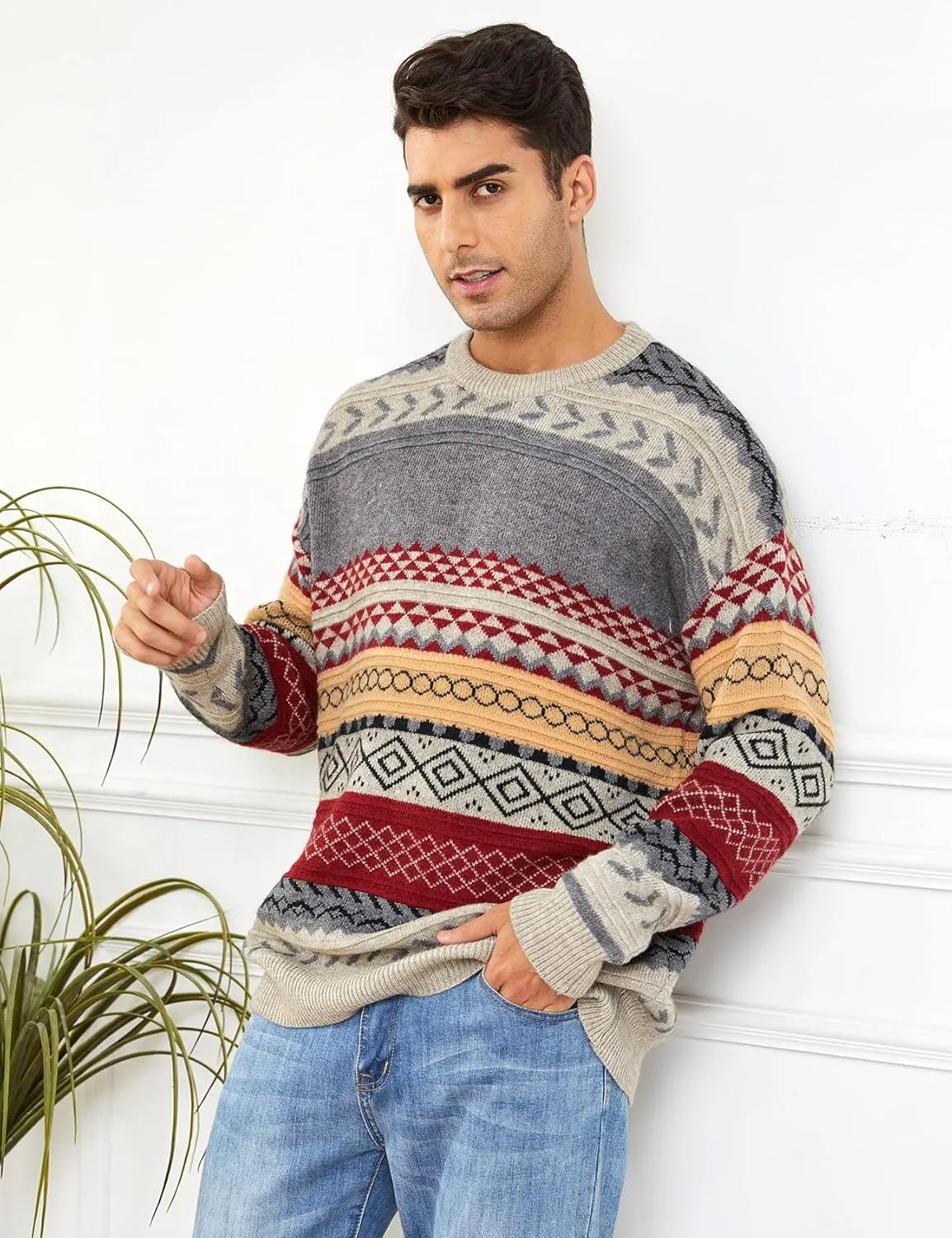 Mens Knit Sweater Grandpa Vintage Knitted Sweaters Oversized Striped Spring Pullover Casual Long Sleeve Pullovers