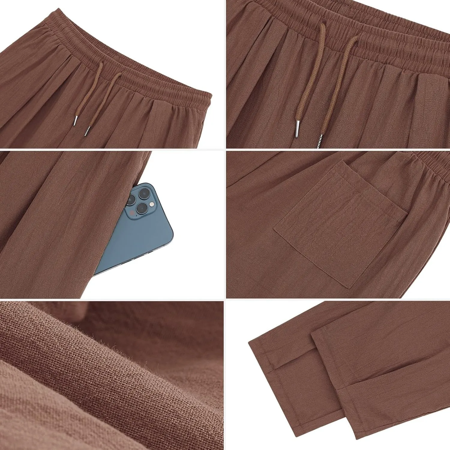 Mens Linen Beach Pants Boho Straight Leg Yoga Pants with Pockets 2025 Baggy Elastic Waist Work Pants Pleated Pants
