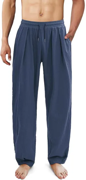 Mens Linen Beach Pants Boho Straight Leg Yoga Pants with Pockets 2025 Baggy Elastic Waist Work Pants Pleated Pants