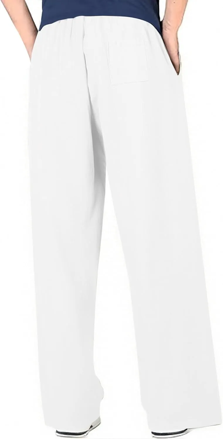 Mens Linen Beach Pants Boho Straight Leg Yoga Pants with Pockets 2025 Baggy Elastic Waist Work Pants Pleated Pants