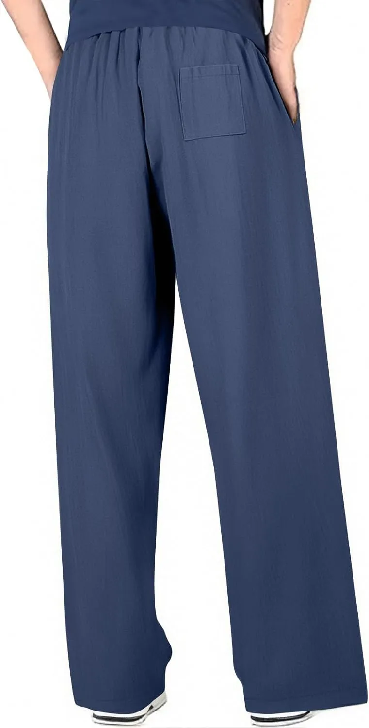 Mens Linen Beach Pants Boho Straight Leg Yoga Pants with Pockets 2025 Baggy Elastic Waist Work Pants Pleated Pants