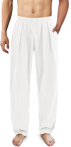 Mens Linen Beach Pants Boho Straight Leg Yoga Pants with Pockets 2025 Baggy Elastic Waist Work Pants Pleated Pants