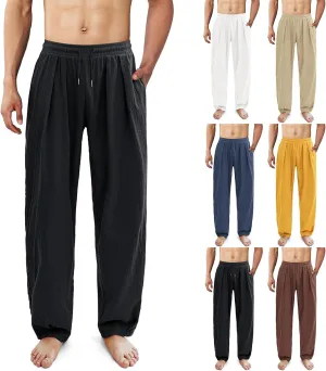 Mens Linen Beach Pants Boho Straight Leg Yoga Pants with Pockets 2025 Baggy Elastic Waist Work Pants Pleated Pants