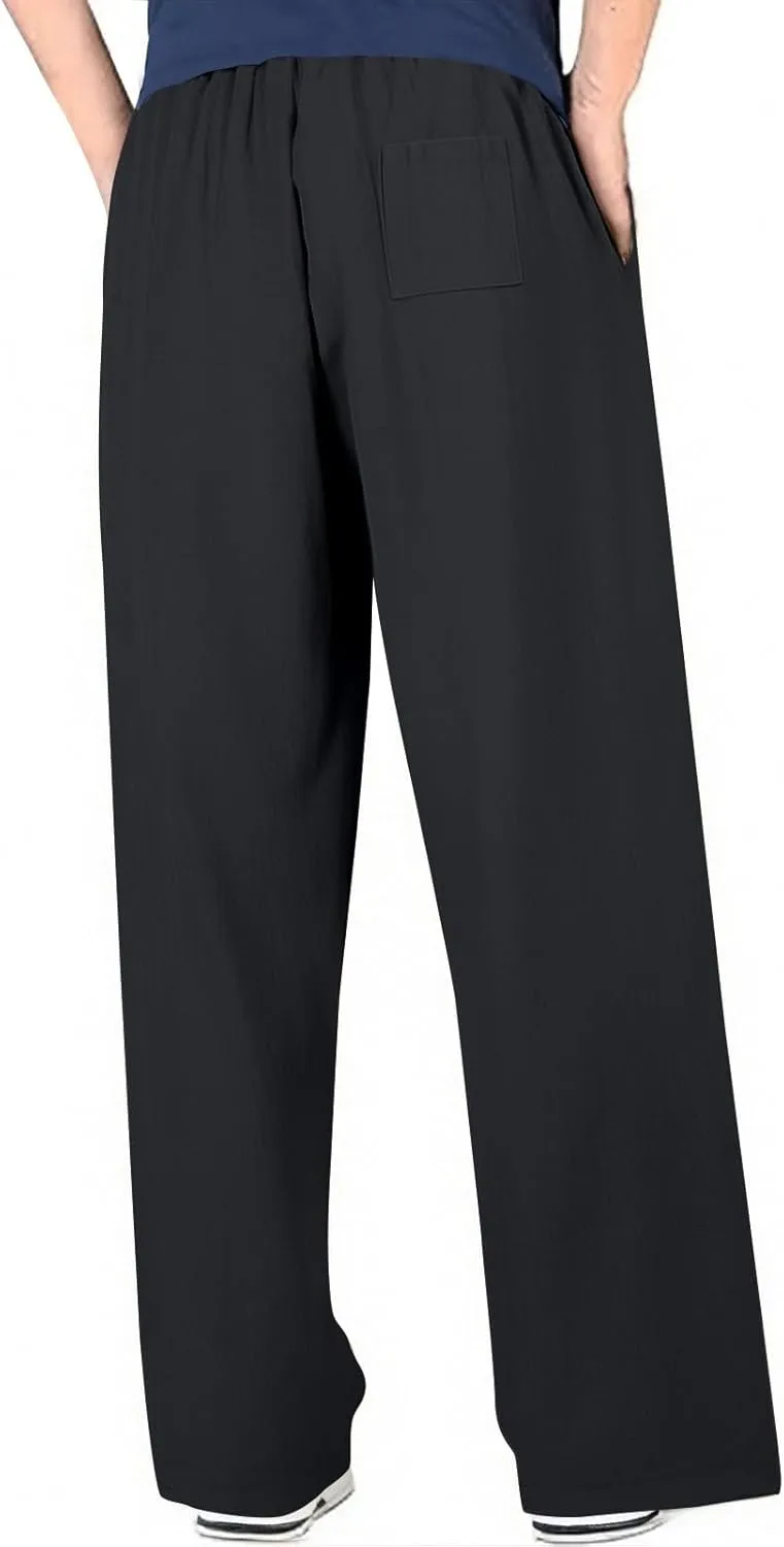Mens Linen Beach Pants Boho Straight Leg Yoga Pants with Pockets 2025 Baggy Elastic Waist Work Pants Pleated Pants