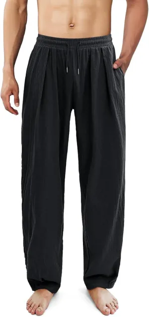 Mens Linen Beach Pants Boho Straight Leg Yoga Pants with Pockets 2025 Baggy Elastic Waist Work Pants Pleated Pants