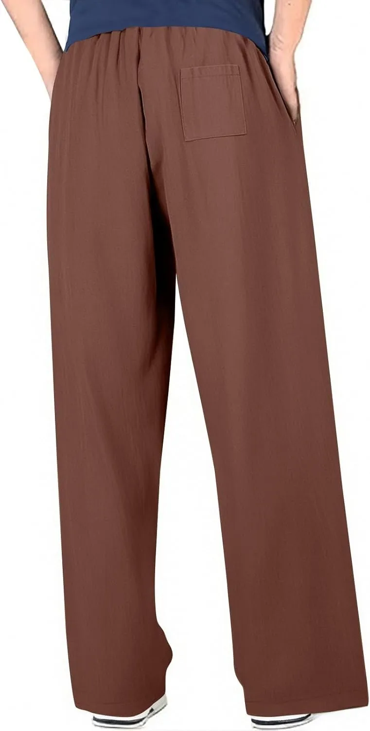 Mens Linen Beach Pants Boho Straight Leg Yoga Pants with Pockets 2025 Baggy Elastic Waist Work Pants Pleated Pants