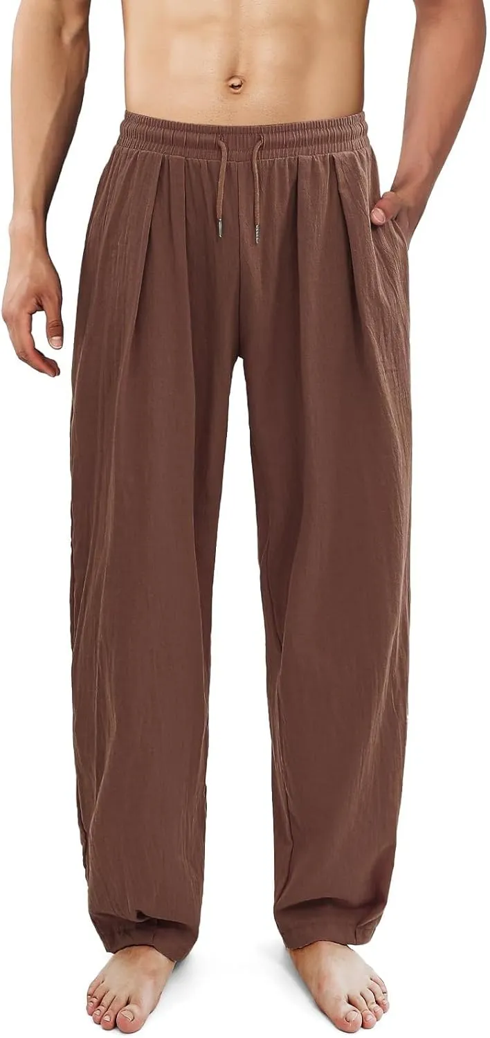 Mens Linen Beach Pants Boho Straight Leg Yoga Pants with Pockets 2025 Baggy Elastic Waist Work Pants Pleated Pants