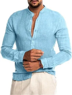 Mens Linen Button Down Shirts Casual Stylish Long Sleeve Business Dress Shirts Band Collar Summer Beach T Shirts Tops