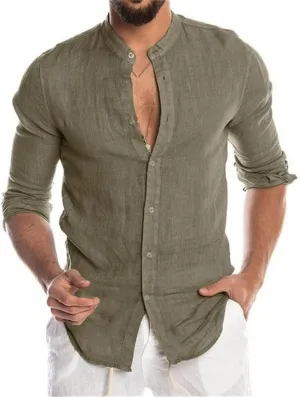 Mens Linen Button Down Shirts Casual Stylish Long Sleeve Business Dress Shirts Band Collar Summer Beach T Shirts Tops