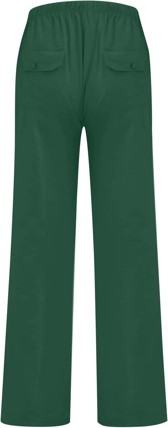 Mens Linen Pants Lightweight Wide Leg Lounge Pants with Pockets Casual Summer Elastic Waisted Pants Linen Trousers