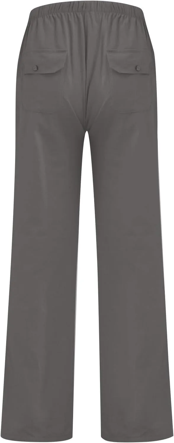 Mens Linen Pants Lightweight Wide Leg Lounge Pants with Pockets Casual Summer Elastic Waisted Pants Linen Trousers