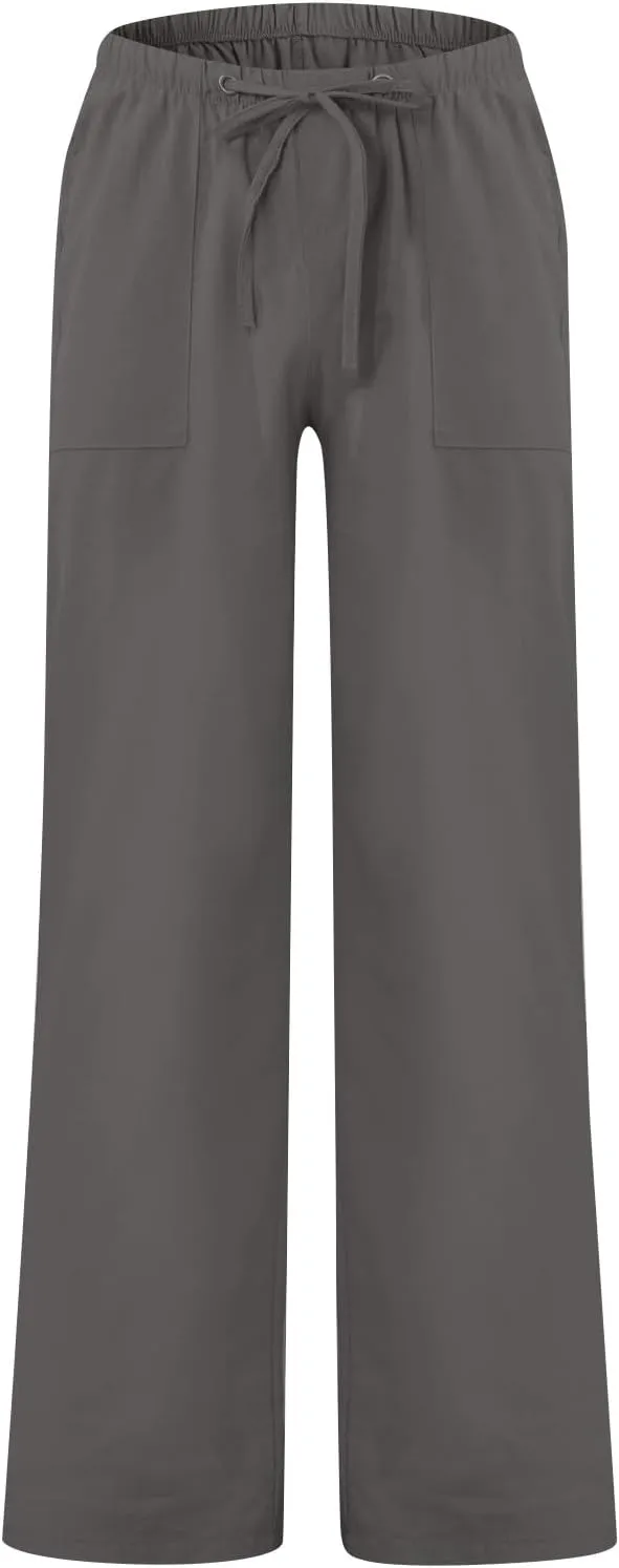 Mens Linen Pants Lightweight Wide Leg Lounge Pants with Pockets Casual Summer Elastic Waisted Pants Linen Trousers