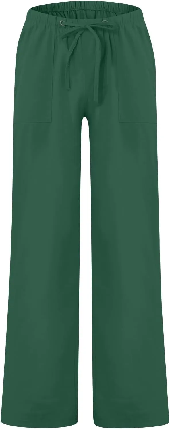 Mens Linen Pants Lightweight Wide Leg Lounge Pants with Pockets Casual Summer Elastic Waisted Pants Linen Trousers