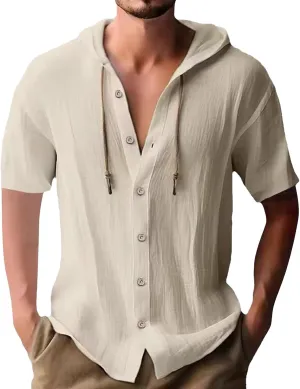 Men's Linen Shirts Hoodie Casual Button Down Shirt Men Long Sleeve Linen Chambray Shirt Mens Beach Shirts