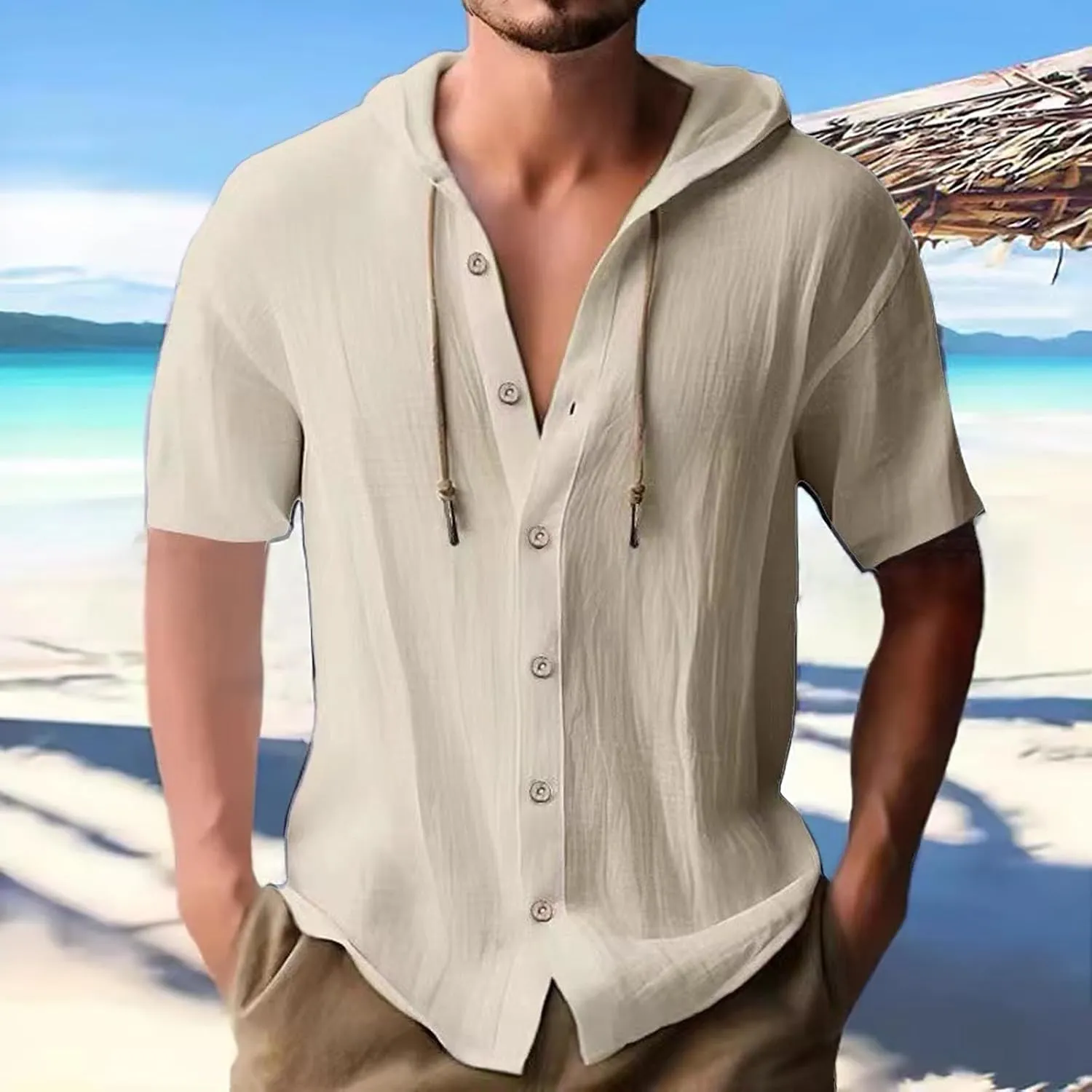 Men's Linen Shirts Hoodie Casual Button Down Shirt Men Long Sleeve Linen Chambray Shirt Mens Beach Shirts