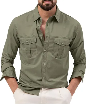 Mens Long Sleeve Safari Shirts Casual Loose Tactical Cargo Work Shirts Outdoor Lightweight Button Down Travel Shirts