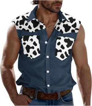 Men's Novelty Cow Printed Workout Casual Tank Top Casual Sleeveless Button Down Graphic Muscle Beach Shirts