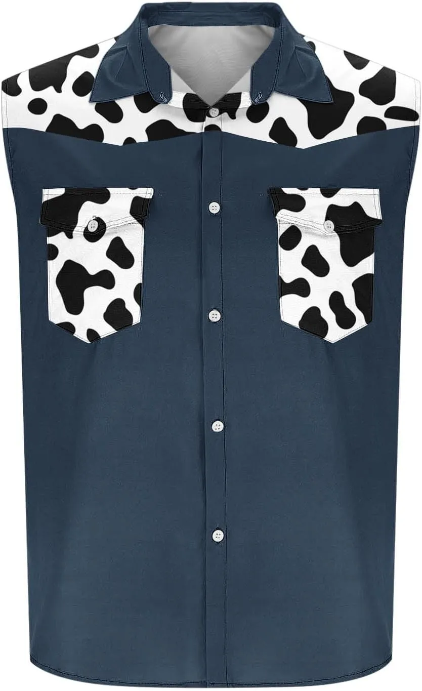 Men's Novelty Cow Printed Workout Casual Tank Top Casual Sleeveless Button Down Graphic Muscle Beach Shirts