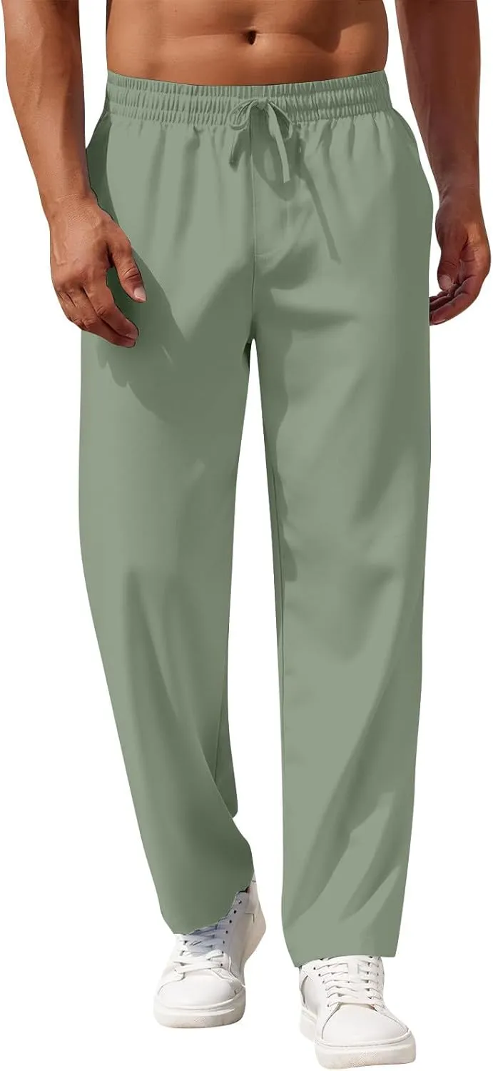 Mens Pants Casual Summer Lightweight Elastic Waist Linen Pants Baggy Business Work Pants with Pockets Trousers Pants